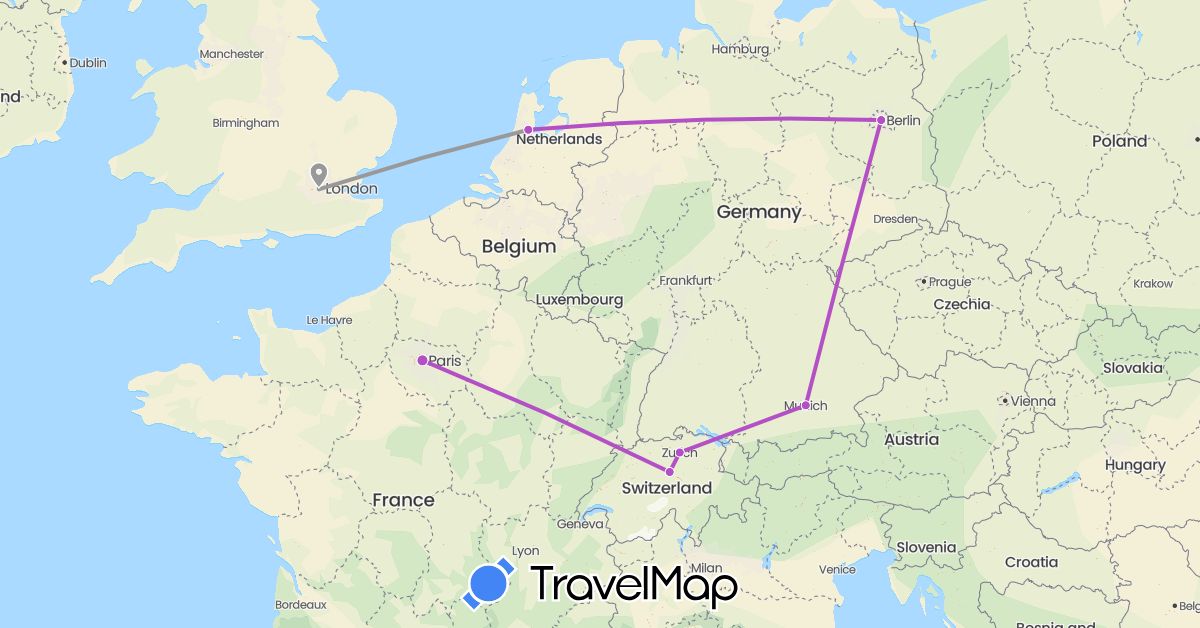 TravelMap itinerary: plane, train in Switzerland, Germany, France, United Kingdom, Netherlands (Europe)